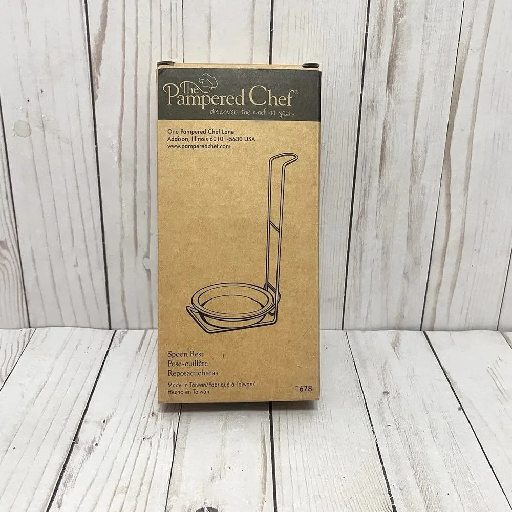 Pampered Chef Spoon Rest #1678 White Round Ceramic Dish Metal Stand New in Box